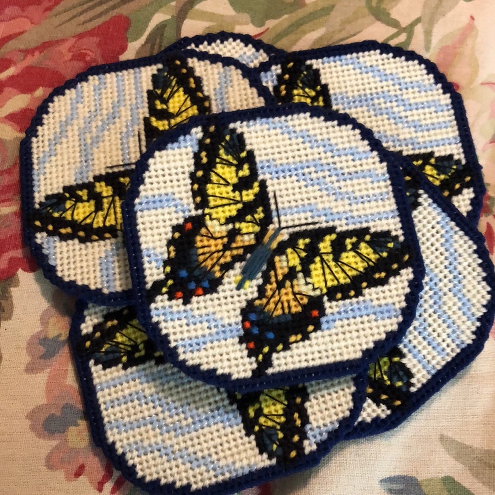 Vintage MONARCH BUTTERFLY Needlepoint in Clouds on Felt COASTER Set-of-6 4”x4” - Picture 13 of 16
